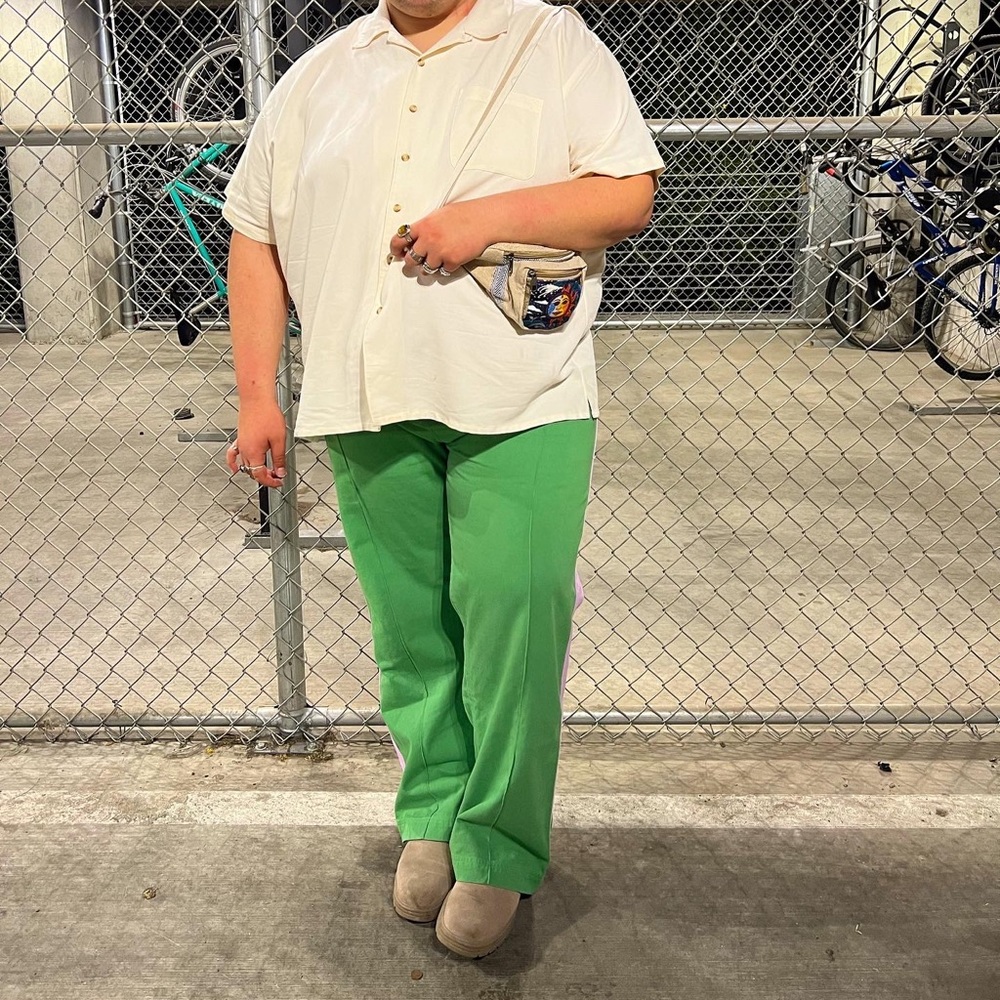 Western pant in green with lilac stripe down the side. 4XL.